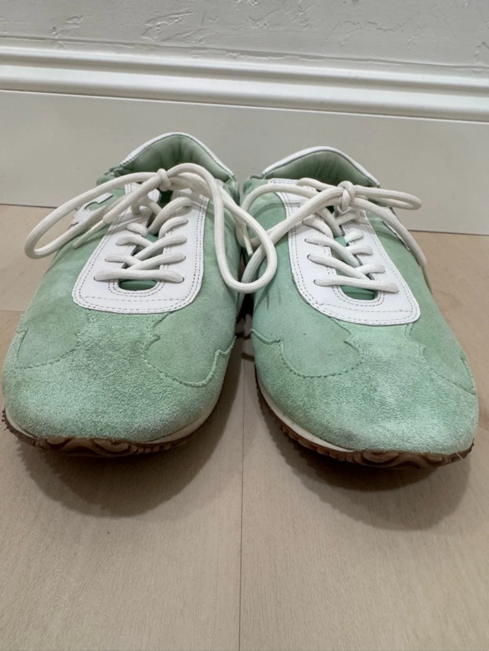 Tory Burch Mint Green White Suede Leather Logo Sneakers Women's 9.5